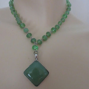 Jade Green Silver Pendant Necklace with Beads